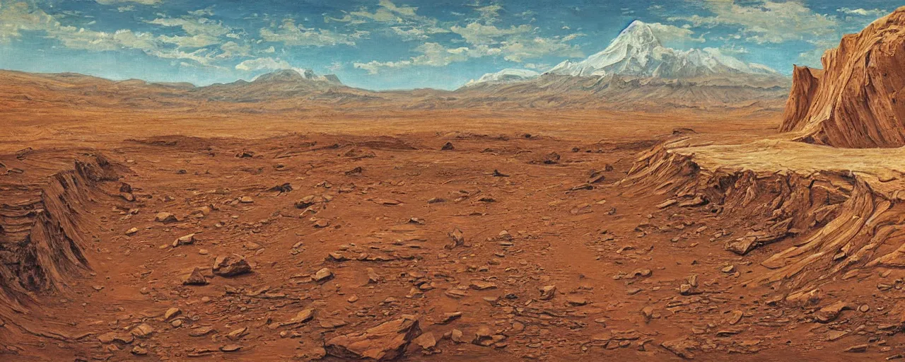 Prompt: A fossil on Mars, canyon, mountains, classic painting, award winning, highly detailed