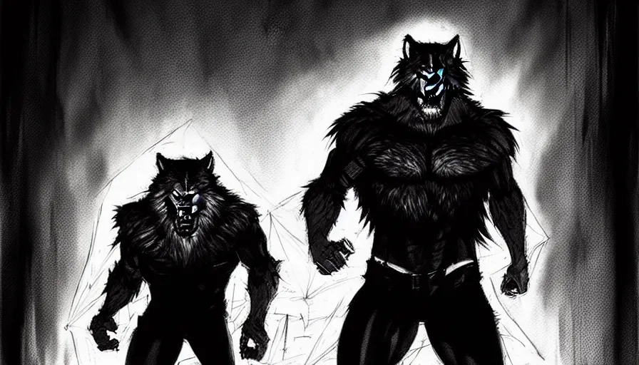 Image similar to in the style of artgerm, steve niles, rafael albuquerque, large hairy werewolf in a shopping mall at night, moody lighting, horror scary terror