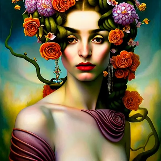 Image similar to dynamic composition, a painting of woman with hair of ( summer flowers )!! and vines wearing ornate earrings, ornate gilded details, a surrealist painting by tom bagshaw and jacek yerga and tamara de lempicka and jesse king, featured on cgsociety, pop surrealism, surrealist, dramatic lighting, wiccan, pre - raphaelite