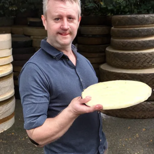 Image similar to richard mottern eating a large wheel of cheese,