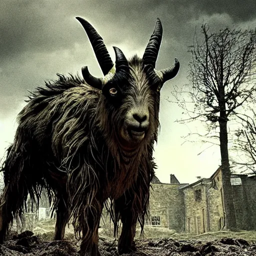 Image similar to horror, moody, still from film, daytime, muddy village square, wide shot, huge, roaring mutant goat monster, powerful, creeping along on ugly stumpy legs, filthy jagged teeth in unnaturally large mouth, matted dirty fur, in muddy medieval village square