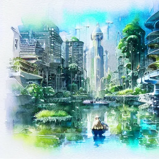 Image similar to Beautiful happy picturesque charming sci-fi city in harmony with nature. Beautiful light. Water and plants. Nice colour scheme, soft warm colour. Beautiful detailed watercolor by Lurid. (2022)