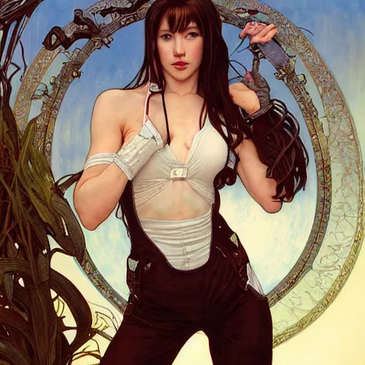 Prompt: Portrait of Tifa Lockheart with long dark brown hair and a white short top and black suspenders and kickboxing gloves drawn by Donato Giancola and Tom Bagshaw, face by Artgerm, overall design by Alphonse Mucha, background by James Jean and Gustav Klimt, light by Julie Bell, 4k, porcelain skin, komorebi, french nouveau, trending on artstation, octane render, hyperrealistic