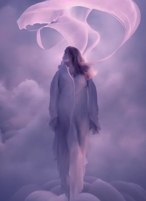 Image similar to female spirit made out of clouds and floating ribbons, spectrum colours, angelic, realistic, cinematic light, volumetric, octane render