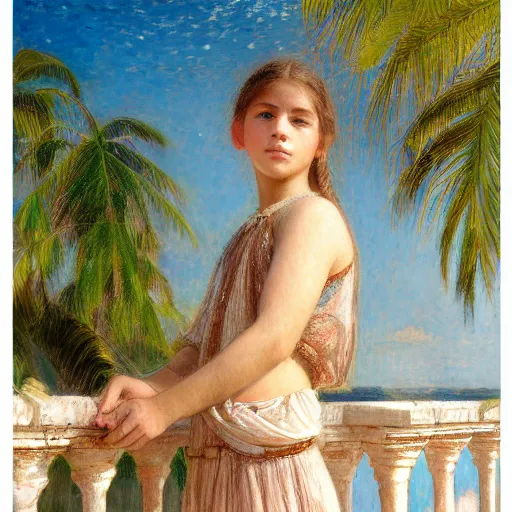 Image similar to a ultradetailed beautiful painting of a girl in the amazonas palace balustrade designed by jules bastien - lepage, hans belmer, frank weston and gustave baumann, beach, trending on artstation, mediterranean, palm trees, refracted color sparkles, sharp focus, soft light, 8 k 4 k