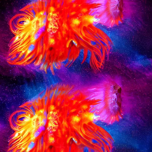 Image similar to swarm of psychedelic lions mane jellyfish swimming through space, colorful, nebula, concept art, universe, cinematic, 8 k