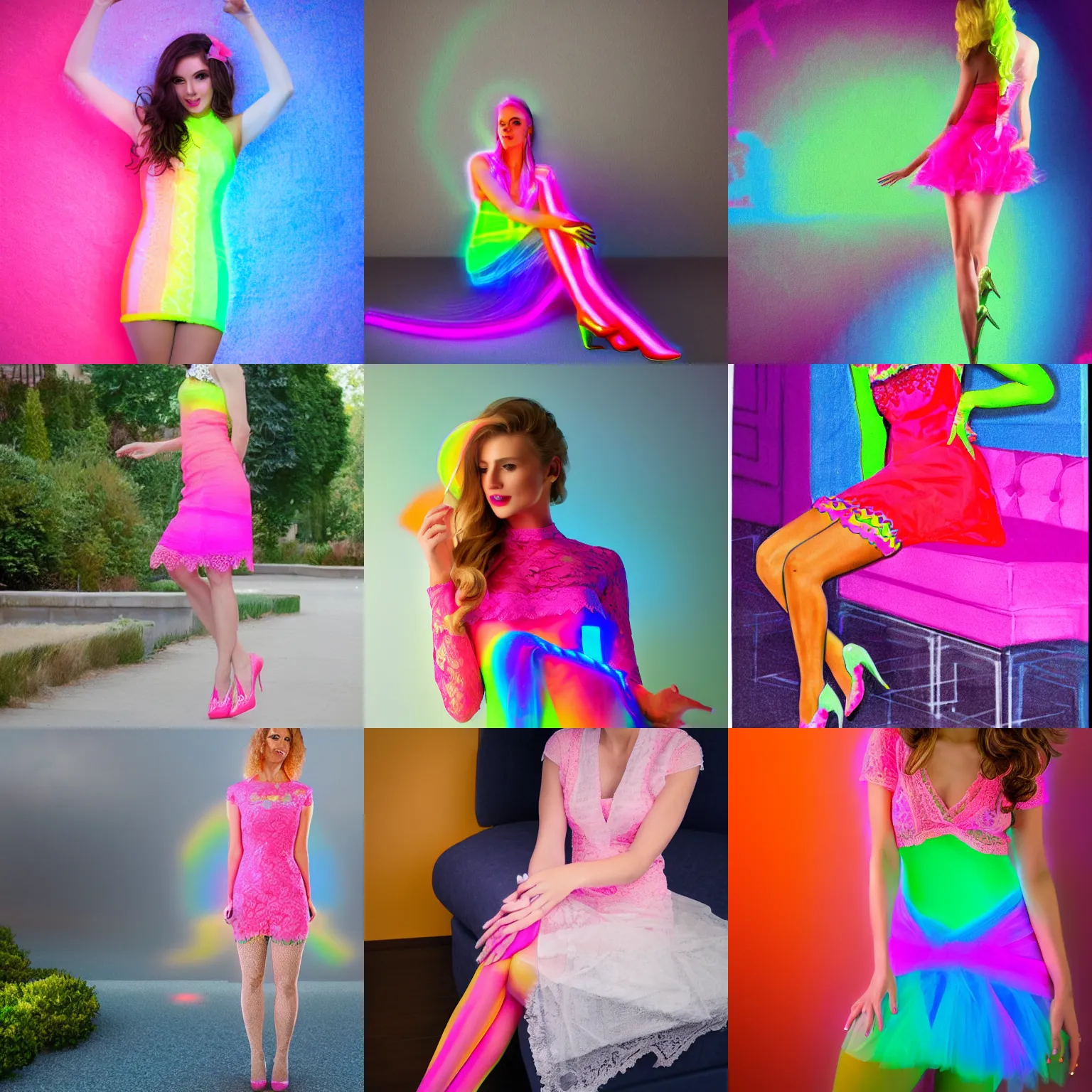 Prompt: pretty woman wearing a neon rainbow dress with pastel pink lace stockings, venus effect, highly realistic