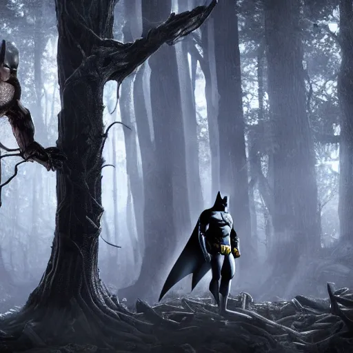 Image similar to batman meets groot in the woods digital art 4 k detailed super realistic