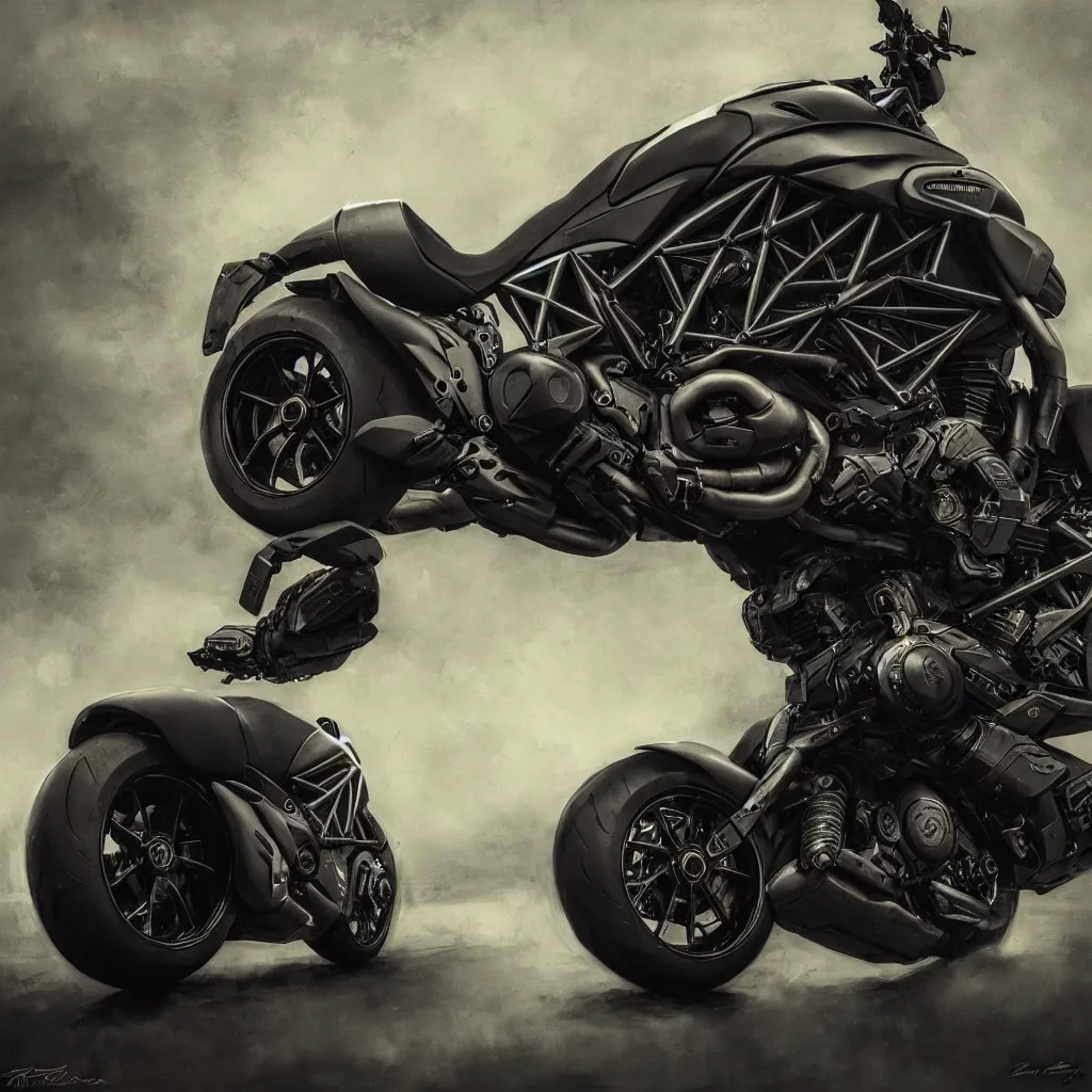 Image similar to ducati diavel. dark colors. menacing. haunting. frightening. trending on artstation. award winning. artgem. greg rutkowski. beksinski. extremely detailed. 4 k.