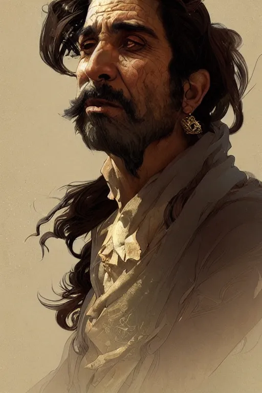 Image similar to A full portrait of an ancient Persian traveling merchant intricate, elegant, highly detailed, digital painting, artstation, concept art, smooth, sharp focus, illustration, art by Krenz Cushart and Artem Demura and alphonse mucha