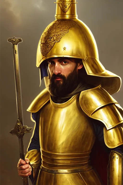 Image similar to man looking forward in decorated with gold baroque style christian crusader armor, cylindrical helmet with golden cross on front and white cape covering half of his body standing at the gates of jerusalem drawn by greg rutkowski realistic high detail