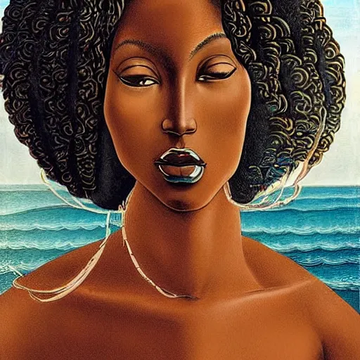 Image similar to full body painting Botticelli Black African goddess rising from the sea, in the style of Botticelli Venus