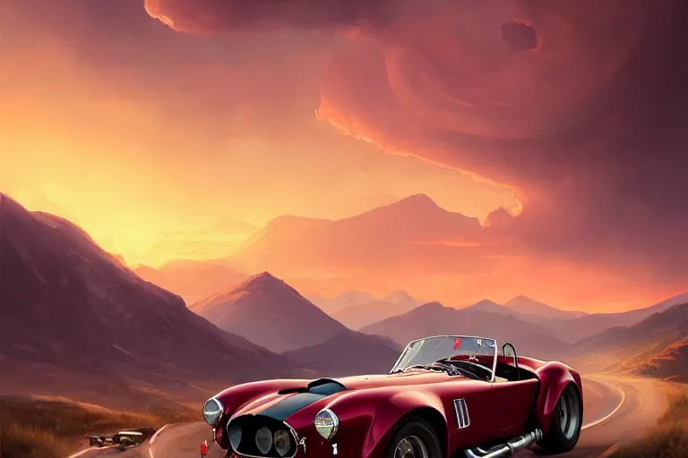 Prompt: a shelby cobra driving down a long country road, coriolios rpg art style, full of details, warm sunset colors, matte painting, artstation, 8 k, hyperrealistic, style of peter mohrbacher, album cover, extreme long shot, mountains, panoramic, wide shot