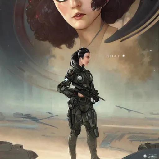 Image similar to woman dressed in scifi military uniform and armor with black hair and blue eyes, elegant, digital illustration, detailed, intricate, sharp focus, digital painting, deep focus, digital painting, artstation, concept art, matte, art by artgerm and greg rutkowski and alphonse mucha