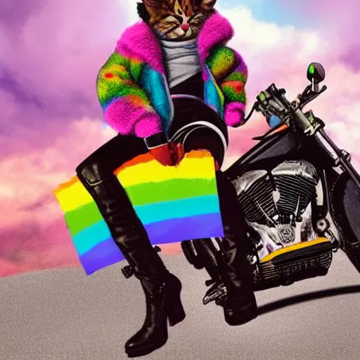 Image similar to wide angle full body, jacket wearing fluffy cute rainbow kitten wearing a black leather motorcycle jacket, riding on a motorcycle, cinematic concept art