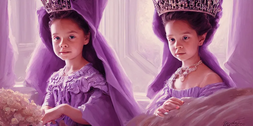 Image similar to portrait of little princess sophia is dressed in purple. her face is so beautiful, elegant and detailed. there are beautiful vases beside them, by greg rutkowski, by greg tocchini, by james gilleard, by joe gb fenton, by in kaethe butche