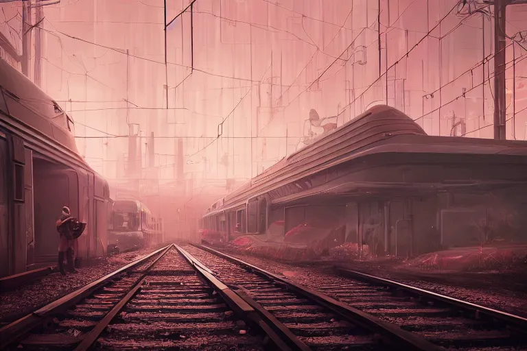 Image similar to a man standing in front of a train on a train track, cyberpunk art by mike winkelmann, trending on cgsociety, retrofuturism, reimagined by industrial light and magic, darksynth, sci - fi