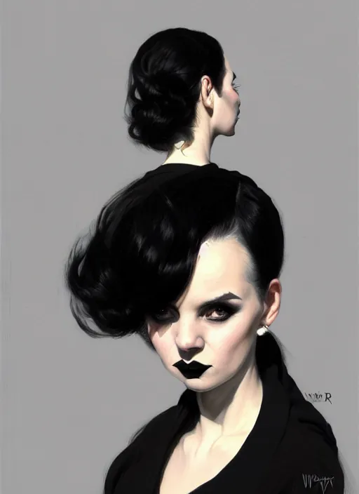 Image similar to portrait of a short woman with a crooked nose and a confident expression, 1 9 6 0 s, black clothes, goth, punk, funk, intricate, elegant, highly detailed, digital painting, artstation, concept art, smooth, sharp focus, illustration, art by wlop, mars ravelo and greg rutkowski