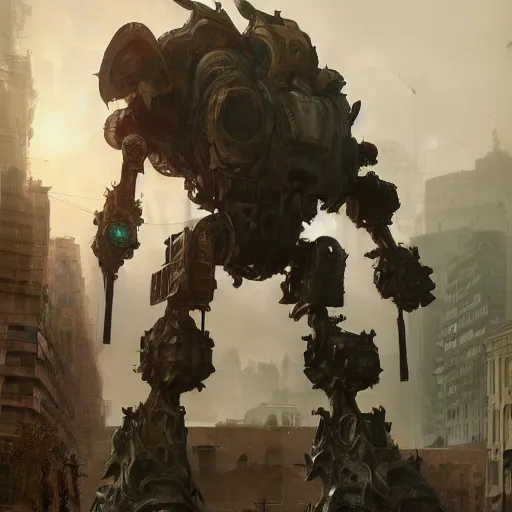 Prompt: six feet tall mech fighting in an urban environment, gaudi, by gaston bussiere, by ismail inceoglu, octane render, by weta digital, cinematic lighting, bump mapped, lumen reflections, action scene screenshot, epic scale