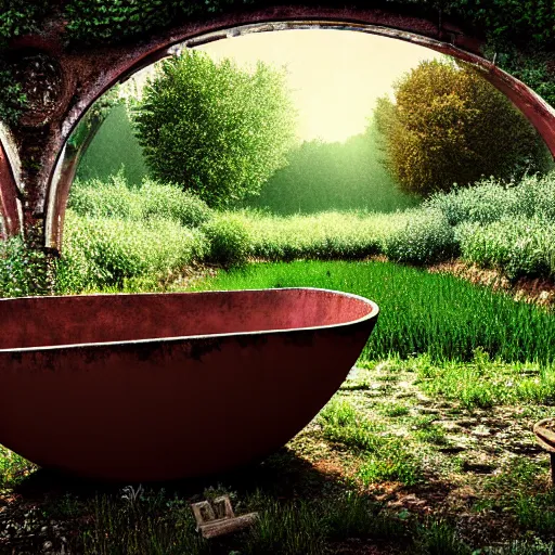 Image similar to hyperrealism photography computer simulation visualisation of parallel universe detailed old rusty bath in the detailed ukrainian village garden in dramatic scene from art house futuristic movie by caravaggio and alejandro jodorowsky and andrei tarkovsky