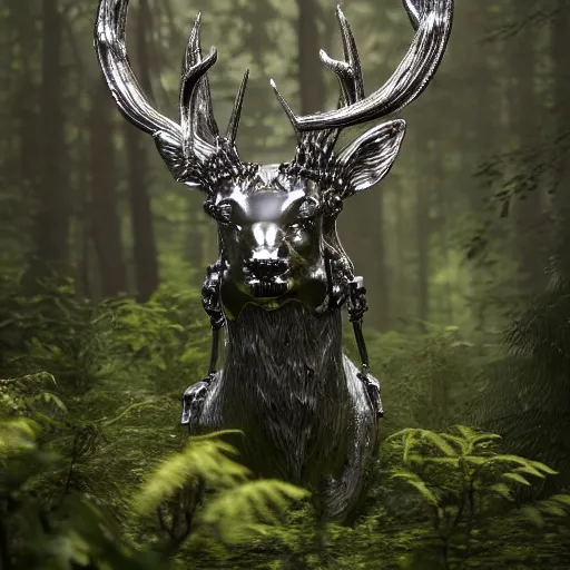 Image similar to chrome stag made of corvette parts in a lush forest :: moody, ornate, dynamic, particulate, intricate, elegant, highly detailed, centered, artstation, smooth, sharp focus, octane render