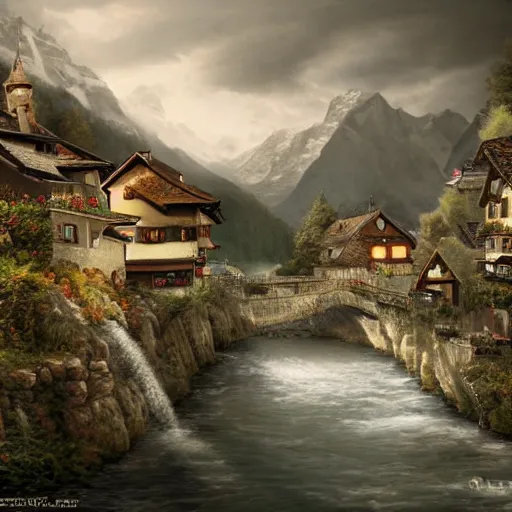 Image similar to Switzerland, high resolution fantasy concept art, realistic, intricate details