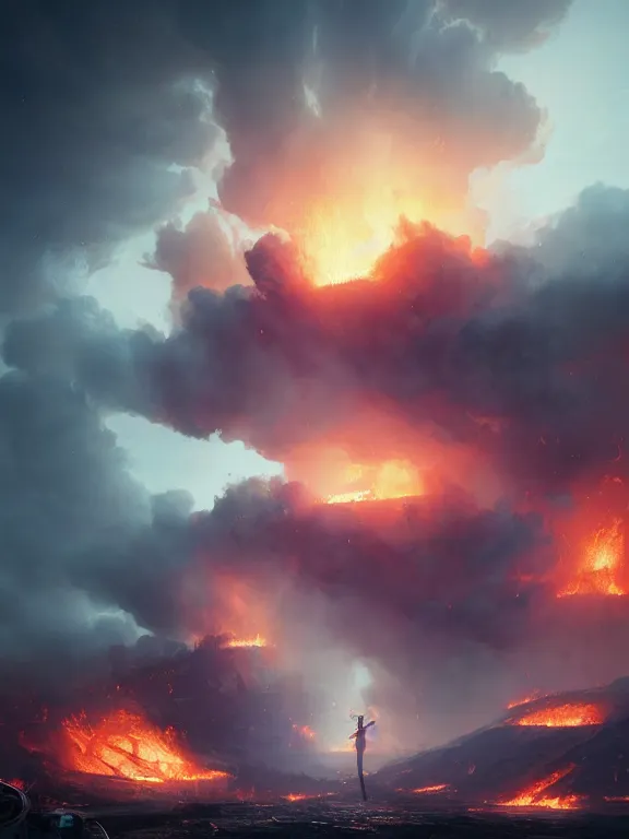 Image similar to photo of 8k ultra realistic oilfield on fire, ,heavy clouds, smoke, full of colour, cinematic lighting, battered, trending on artstation, 4k, hyperrealistic, focused, extreme details,unreal engine 5, cinematic, masterpiece, art by Peter Mohrbacher