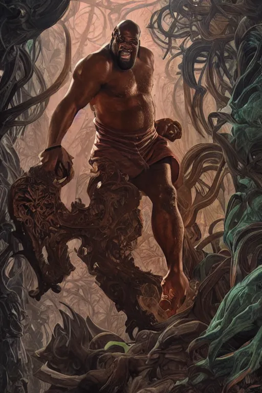 Image similar to portrait of shaquille o'neal as a hulking herculean demon, forest, godlike, full body, fantasy, intricate, elegant, highly detailed, digital painting, artstation, concept art, sharp focus, illustration, art by artgerm and greg rutkowski and alphonse mucha