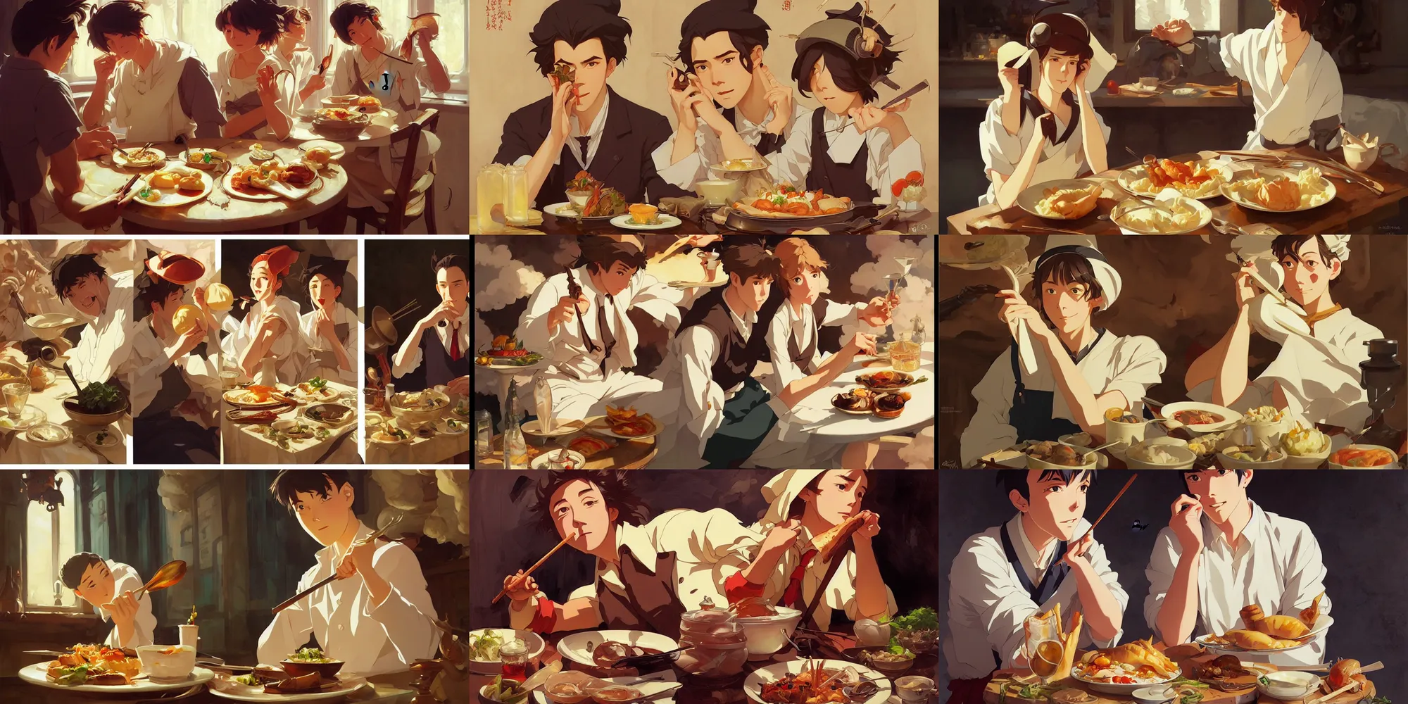 Prompt: amazing food, in the style of studio ghibli, j. c. leyendecker, greg rutkowski, artem