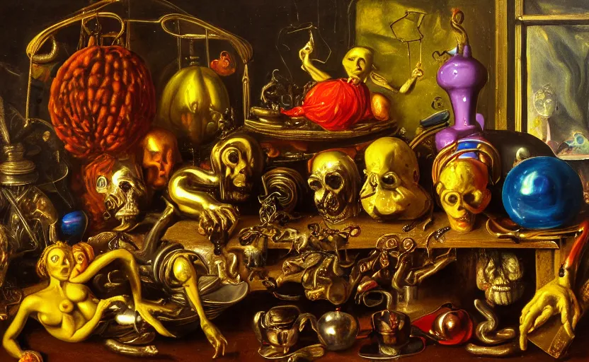 Image similar to disturbing colorful oil painting dutch golden age vanitas still life with bizarre recursive humanoid faces strange beautiful curvy women metal objects shiny gooey surfaces shiny metal bizarre insects rachel ruysch dali todd schorr very detailed perfect composition rule of thirds masterpiece canon 5 0 mm, cinematic lighting, chiaroscuro