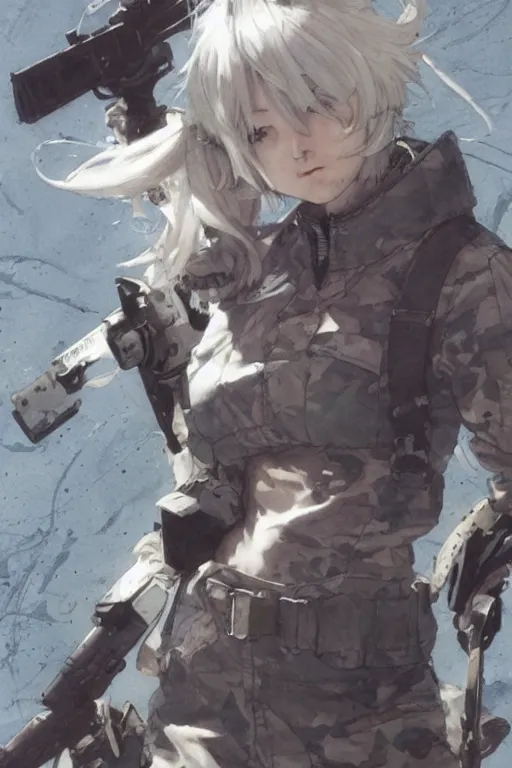 Prompt: girl, silver hair (ponytail), (winking), multicam (camo), trending on artstation, detailed, cinematic full body shot, ilustration by (Takehiko Inoue) (((and Yoann Lossel))) (((and Yoji Shinkawa)))