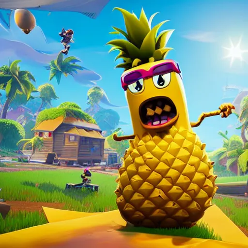 Image similar to anthropomorphic pineapple filled with beans, the bean - filled anthropomorphic pineapple is playing the video game fortnite, there are beans on the ground next to the pineapple