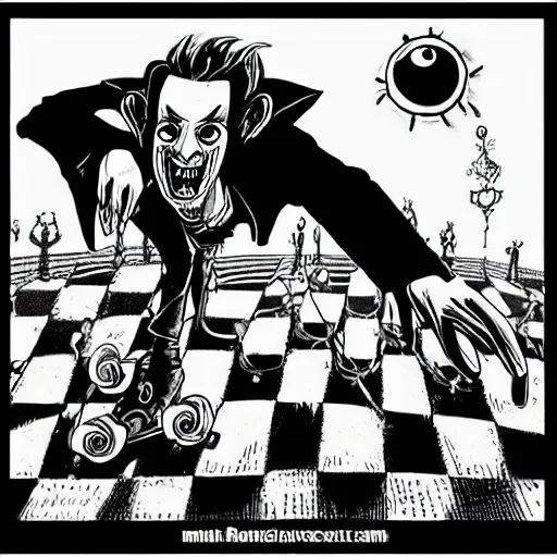 Prompt: black and white trippy comic art of dracula the vampire roller skating on roller skates, drawn by martin rowson, tim burton, studio ghibli, alex pardee, nekro petros afshar, james mcdermott, surrealist, cgsociety 4 k