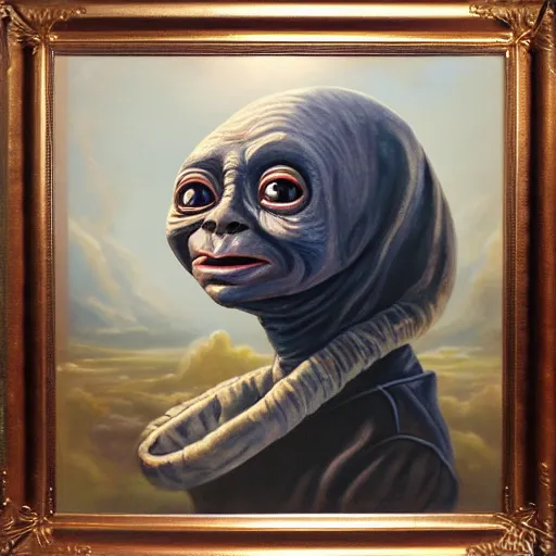 Image similar to high quality oil painting portrait of E.T. extra terrestrial in victorian manchester, dark background, high fantasy, perfect lighting