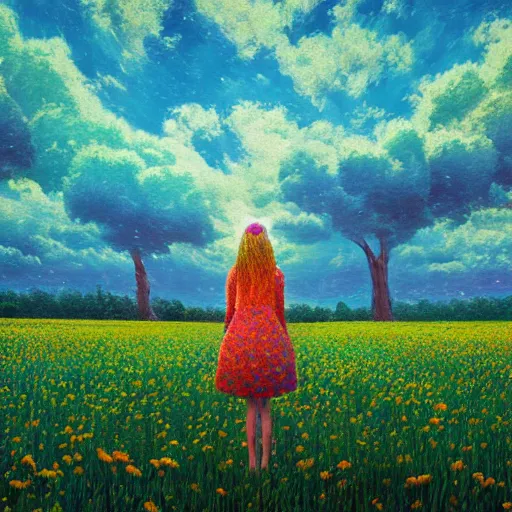 Image similar to gigantic flower head, girl standing in flower field, surreal photography, big trees, sunrise dramatic light, impressionist painting, colorful clouds, digital painting, pointillism, artstation, simon stalenhag