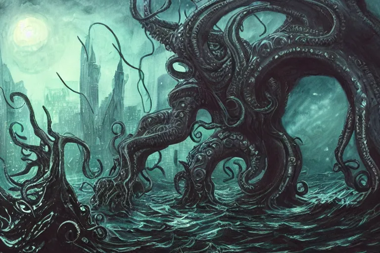 Prompt: man is seeing old god eldritch horror cthulhu terrifying the night sky of a modern city with tall buildings, he is coming from the ocean, epic scene, hyper detailed, gigantic cthulhu wallpaper, dark art, messy watercolor paint