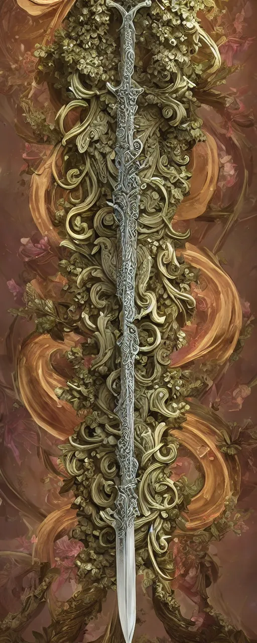 Image similar to beautiful fantasy giant sword carved with decorative ornament, acanthus scrolls, lilies, ivy, energy, geometry, bones, petals, stems, ceremonial clouds, dripping paint, fibonacci rhythm, artstation, artgerm, wlop, symmetric ornaments