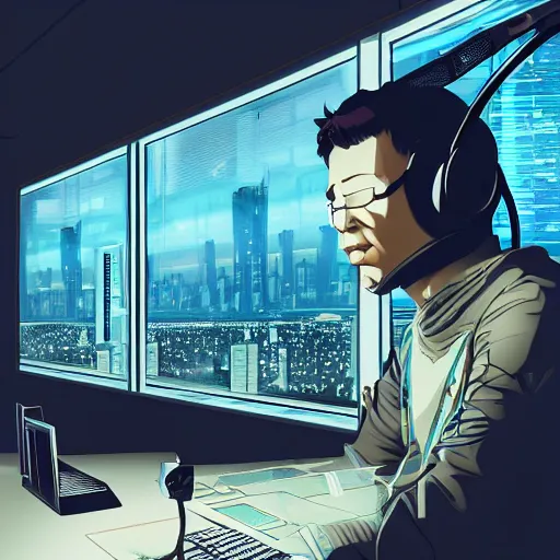 Prompt: Cyberpunk hacker wearing a headset sits at his terminal by a large window looking out at the city, Ukiyo-e, art station, cyberpunk