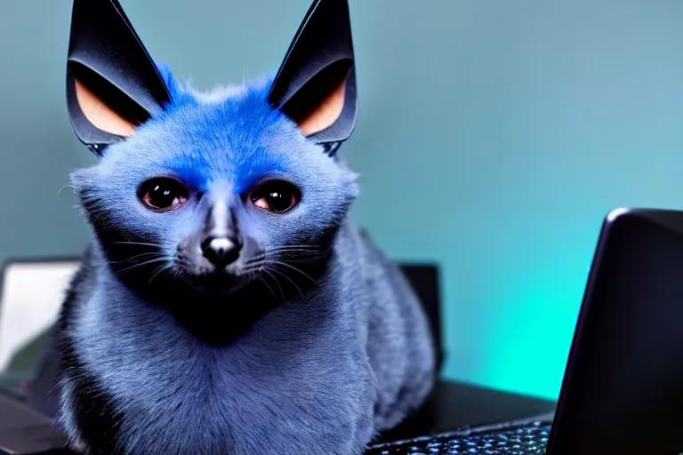 Image similar to a blue - and - black male catbat fursona with blue / green heterochromatic eyes and huge bat ears, photo of the catbat streaming on his computer