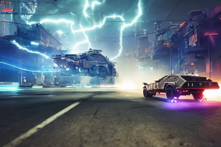 Image similar to photo of the back to the future battle combat machine gun delorean being chased by police on wet cyberpunk city streets at night, rocket league tank, mad max, action, speed, volumetric lighting, hdr, gta 5, syd mead, craig mullins, cinematic, fast and furious, octane, 8 k, iso 1 0 0, 1 2 mm