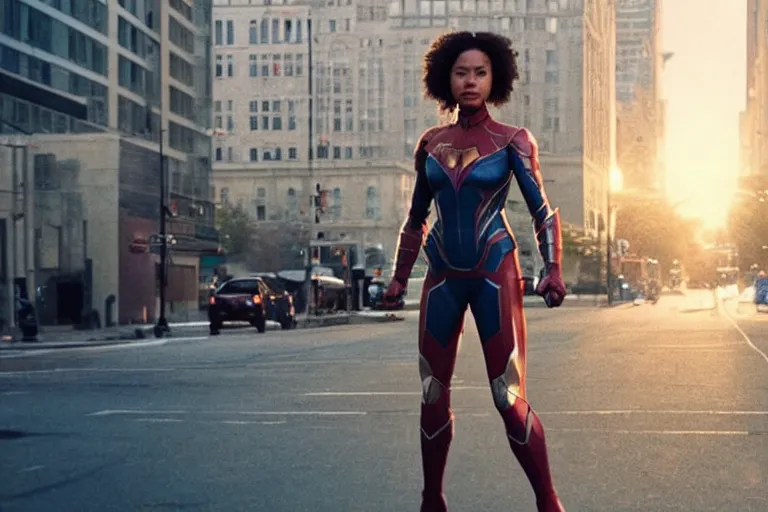 Image similar to VFX movie still frame portrait beautiful DC vs. Marvel hero woman natural skin, hero pose, natural evening light in the city by Emmanuel Lubezki