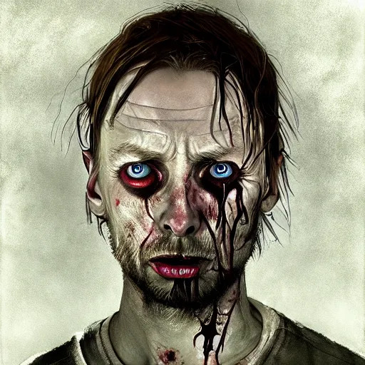 Prompt: young thom yorke as a zombie looking unsure, 7 days to die zombie, fine art, award winning, intricate, elegant, sharp focus, cinematic lighting, rimlight, digital painting, 8 k concept art, art by z. w. gu, art by brom, art by michael hussar, 8 k