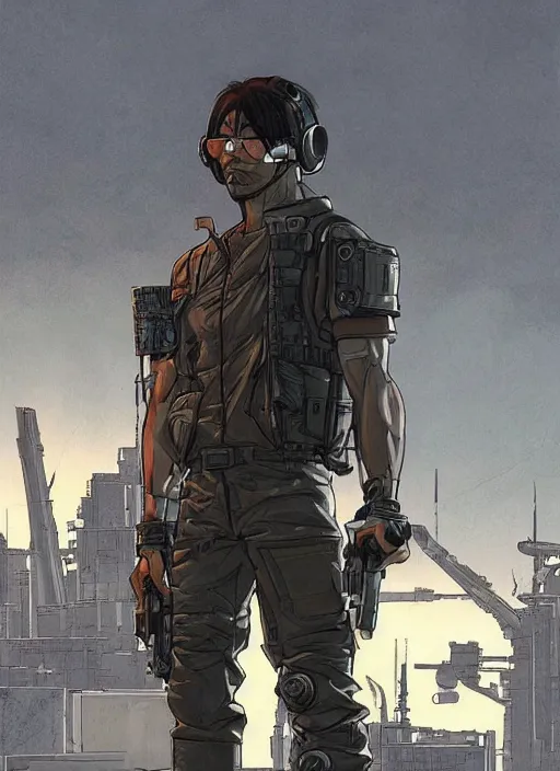 Image similar to Dangerous Hiro. buff Japanese cyberpunk mercenary wearing a cyberpunk tactical headset and military vest. square face. Realistic Proportions. Concept art by James Gurney and Laurie Greasley. Moody Industrial skyline. ArtstationHQ. Creative character design for cyberpunk 2077.