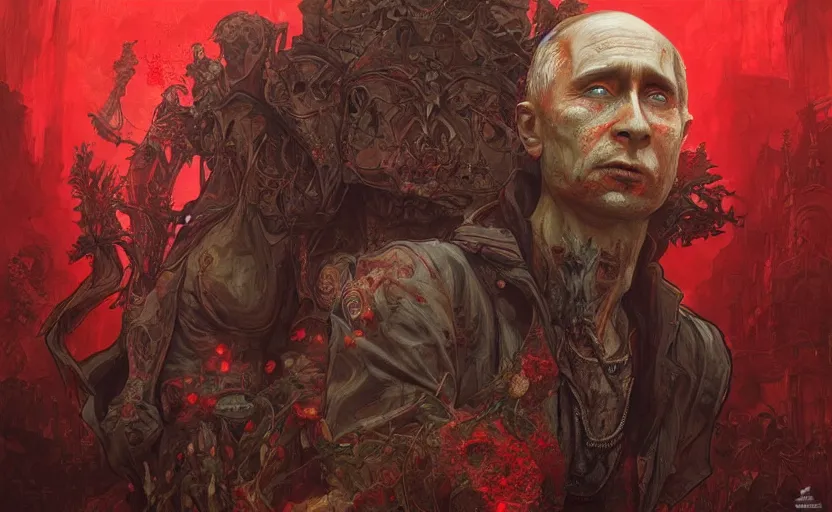 Image similar to zombie Putin in Red Square, fantasy, intricate, highly detailed, digital painting, artstation, concept art, smooth, sharp focus, illustration, art by artgerm and greg rutkowski and alphonse mucha