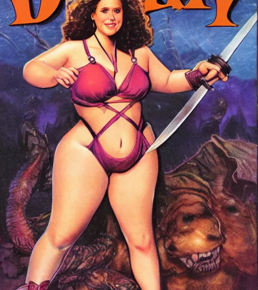Image similar to 1 9 8 0 s fantasy novel book cover, bbw plus size amazonian young jenna fischer in extremely tight bikini armor wielding a cartoonishly large sword, exaggerated body features, dark and smoky background, low quality print