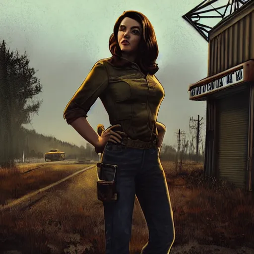 Prompt: fallout 5, charismatic brunette female protagonist, portrait, outdoors scene, somewhere in a low density rural town, retro rusted cars, atmospheric lighting, painted, intricate, volumetric lighting, beautiful, daytime, sunny weather, sharp focus, slightly desaturated, ultra detailed, by leesha hannigan, ross tran, thierry doizon, kai carpenter, ignacio fernandez rios