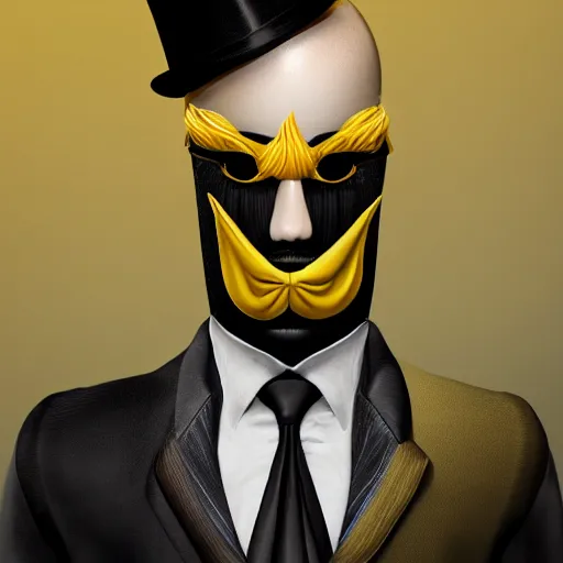 Image similar to a highly detailed portrait of a man in a high top hat covering his face, in a black tailcoat with a yellow waistcoat under the tailcoat, artstation, deviantart, professional, unreal engine 5, photorealistic