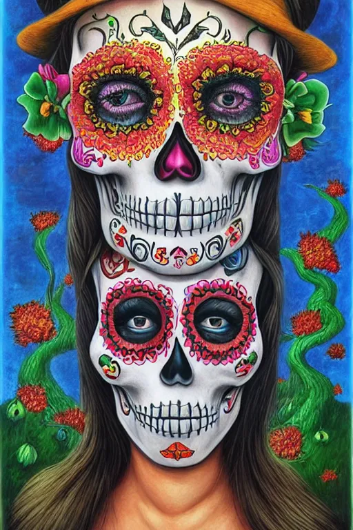 Image similar to Illustration of a sugar skull day of the dead girl, art by michael cheval