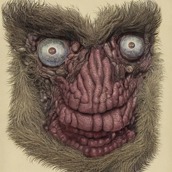 Image similar to close up portrait of a mutant monster creature with crystal eyes, small open pinky lips, fractal long eyelashes, cloth, needles. jan van eyck, walton ford