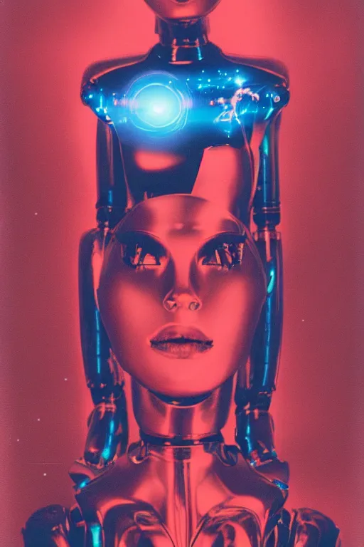Prompt: analog polaroid portrait of an attractive chrome female robot, Hajime Sorayama style, symmetrical facial features, sheen, red reflections, unreal engine, azure sky, big clouds visible, sunlight, reflection, sparkles, space, stars, nebula, lensflare, film grain, depth of field, color bleed